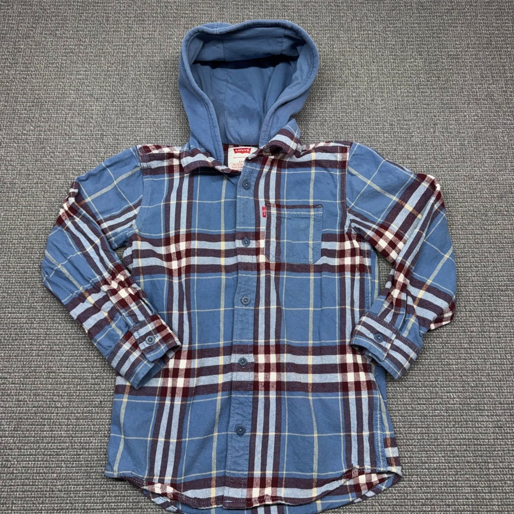 Levis Boys Blue Plaid Hooded Flannel Shirt Long Sleeve Size S 8-10 199016458810